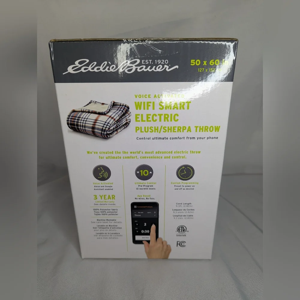 Eddie Bauer Voice Activated WiFi Smart Electric Sherpa Plaid Throw Blanket - NEW